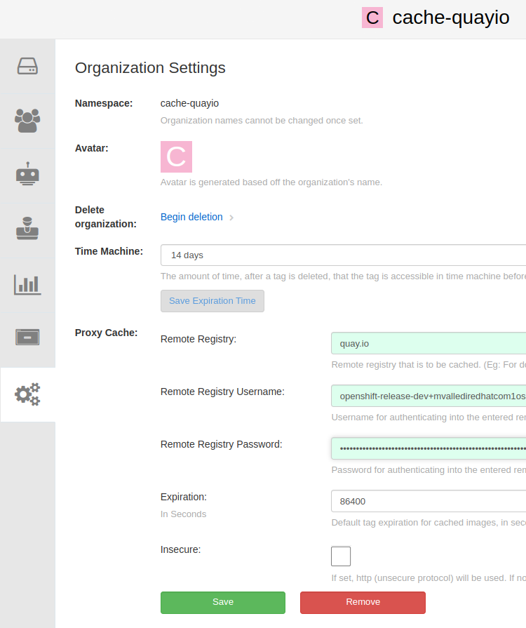 Quay Proxy Cache Config
